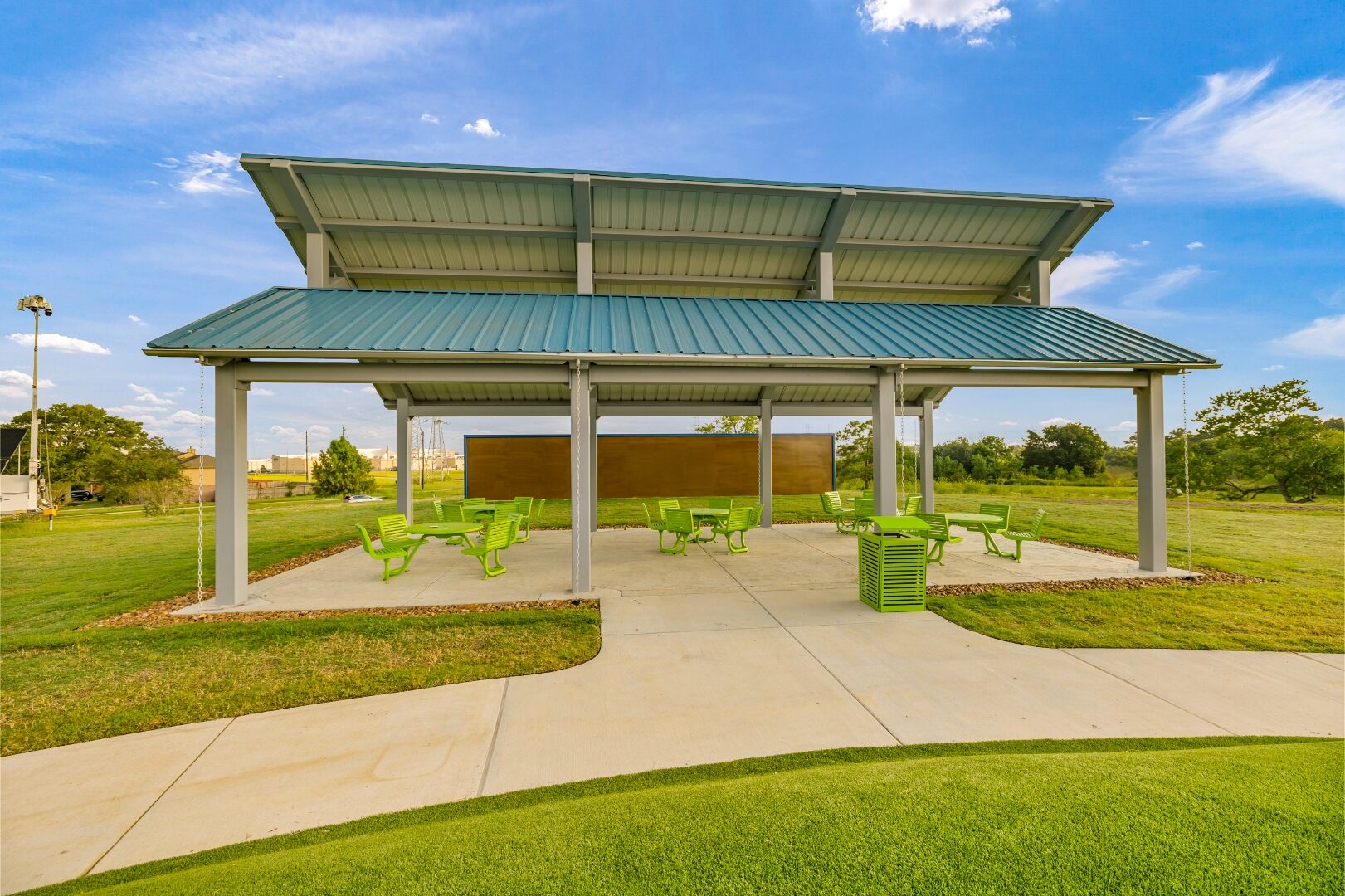 57 Acres pavilion exterior showing the heron feature wall behind